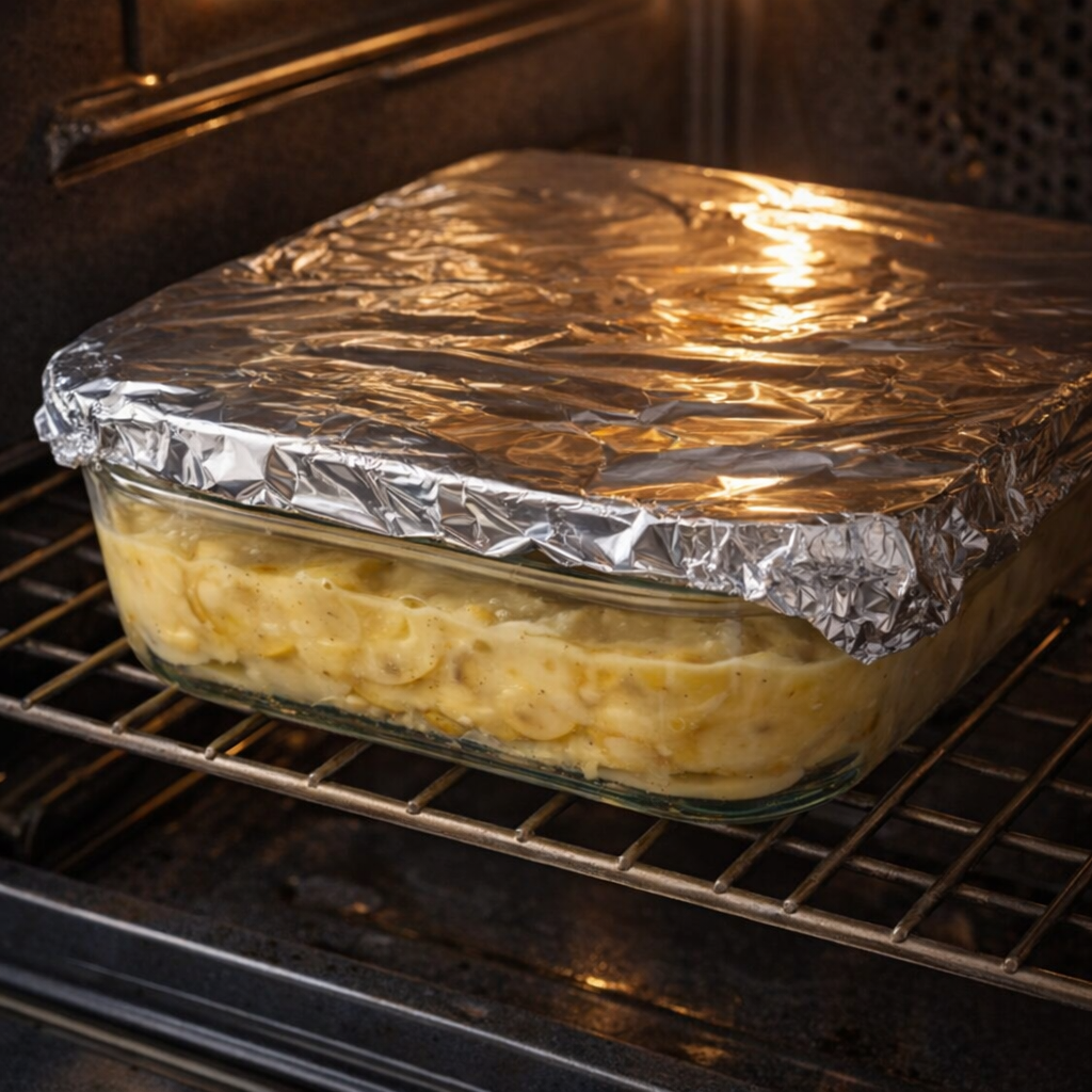 Foil-covered casserole dish ready to bake