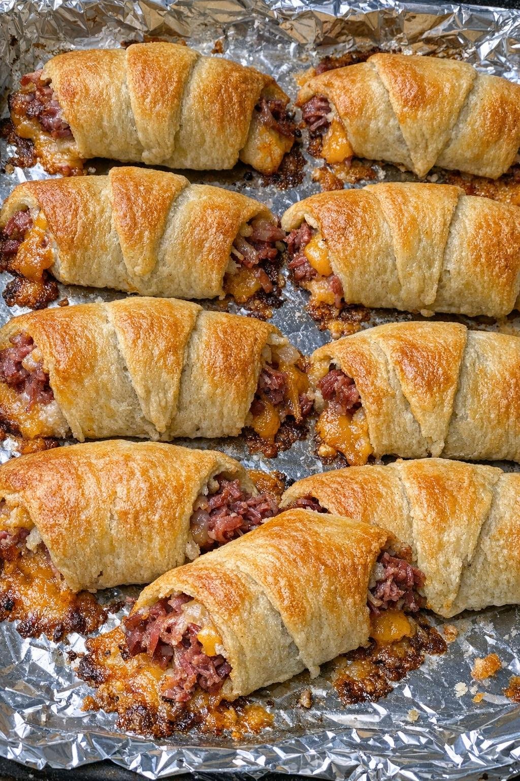 Golden flaky crescent roll logs filled with corned beef and cheddar on a foil-lined baking sheet