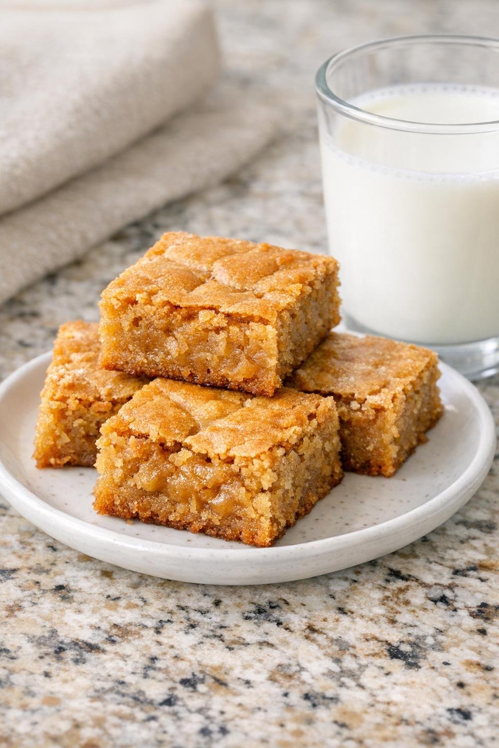 Plated peanut butter blondie squares with milk