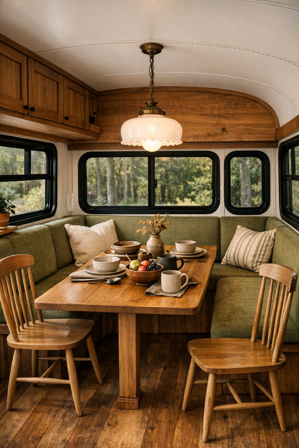 Compact bus dining nook with banquette seating and natural wood table