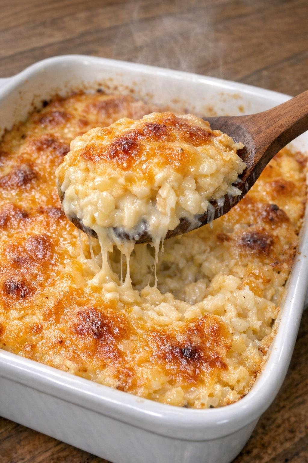 Hashbrown casserole in a white ceramic dish with a spoon lifting a cheesy portion