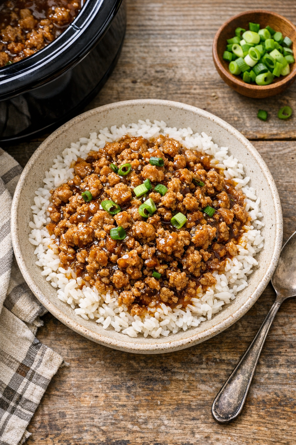 Finished slow cooker ground pork served over rice