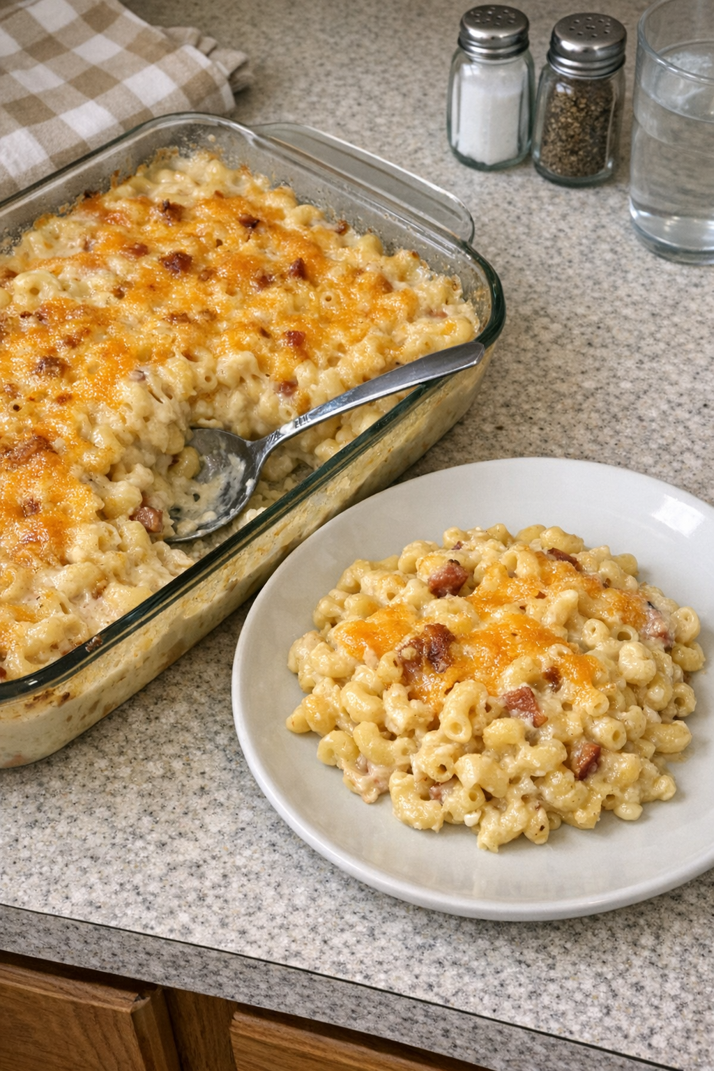 Baked cream of bacon macaroni casserole served warm