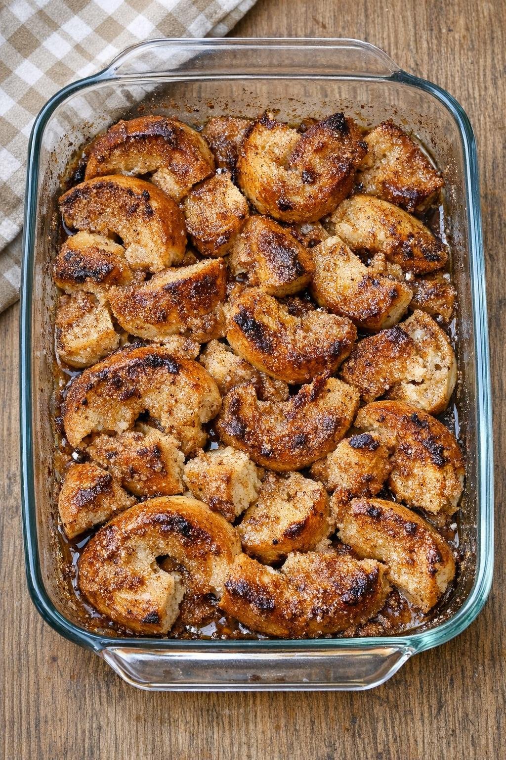 Finished baked cinnamon sugar bagel dessert in a glass baking dish