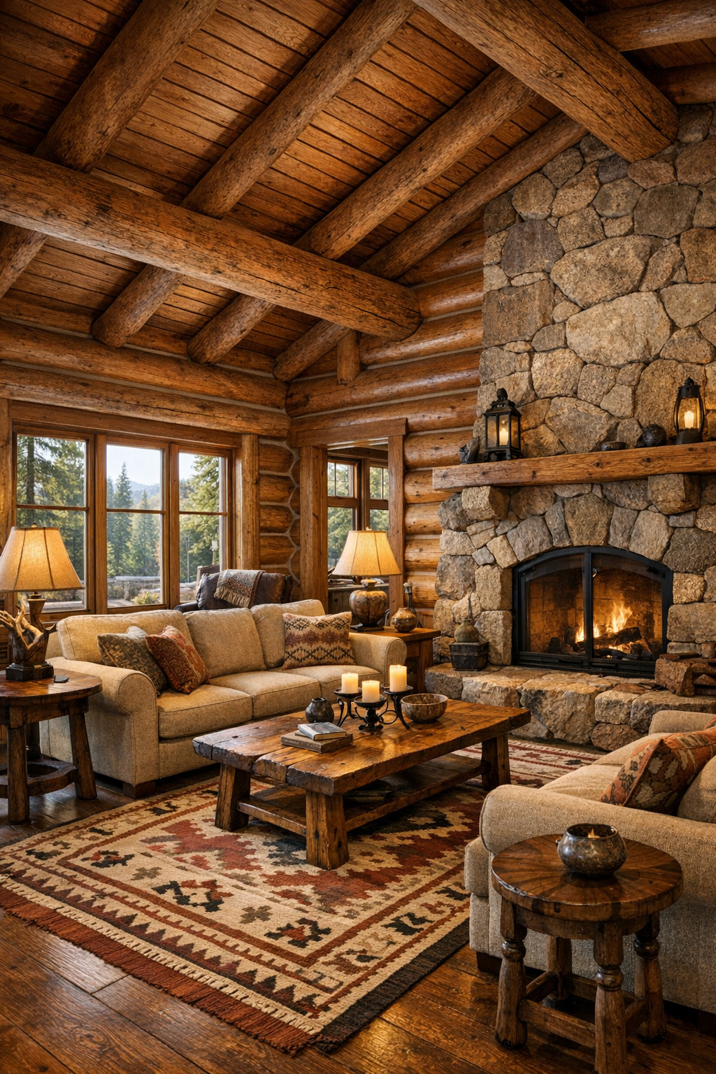 Living room with cedar log walls, stone fireplace, and handcrafted wood furniture