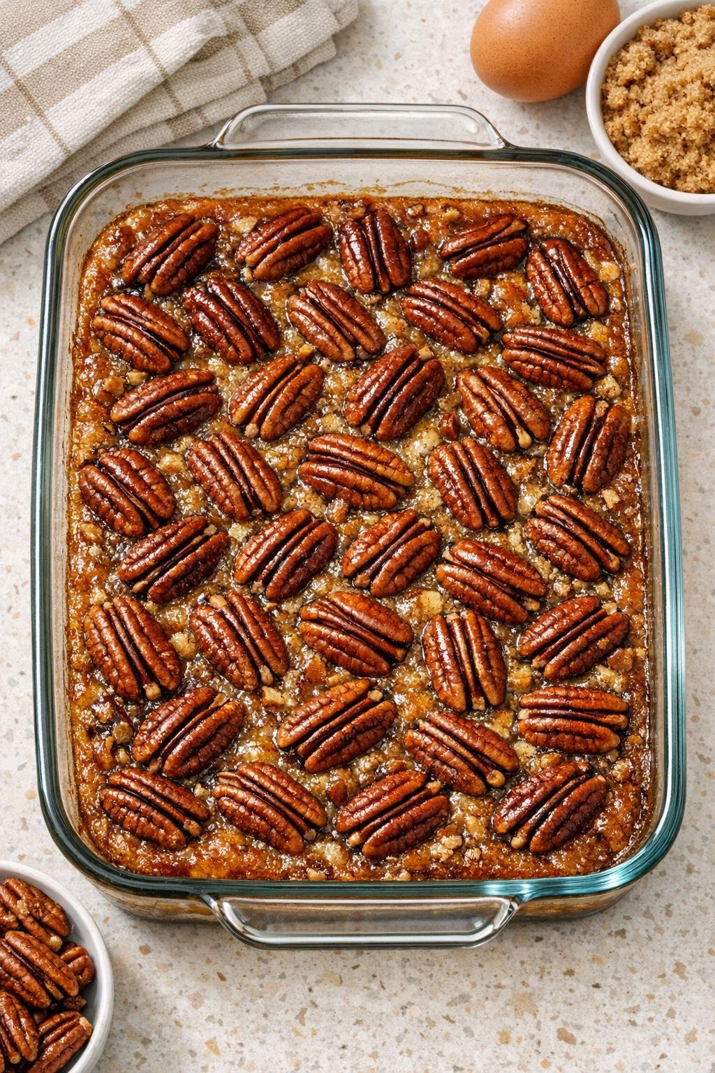 Finished baked pecan dessert in a glass dish