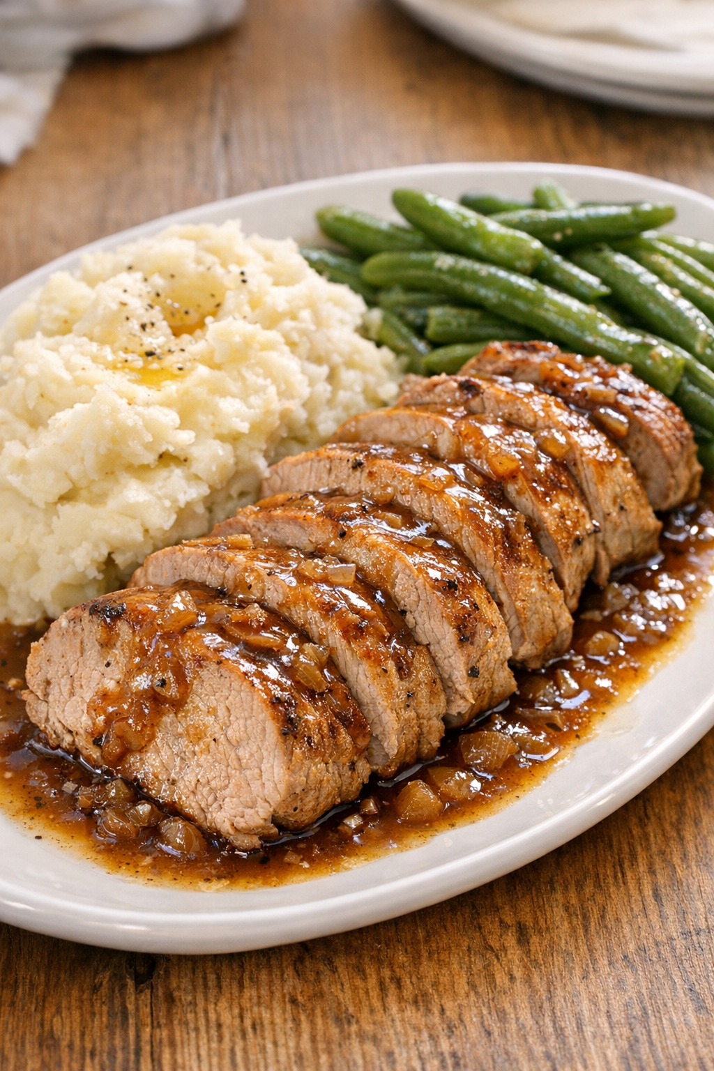 Finished vintage pork tenderloin plated with sauce