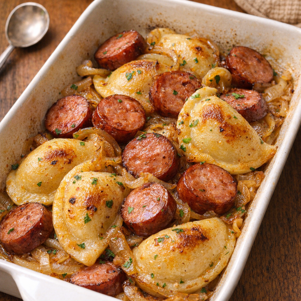 Broiled sausage and pierogies with browned edges in a baking dish