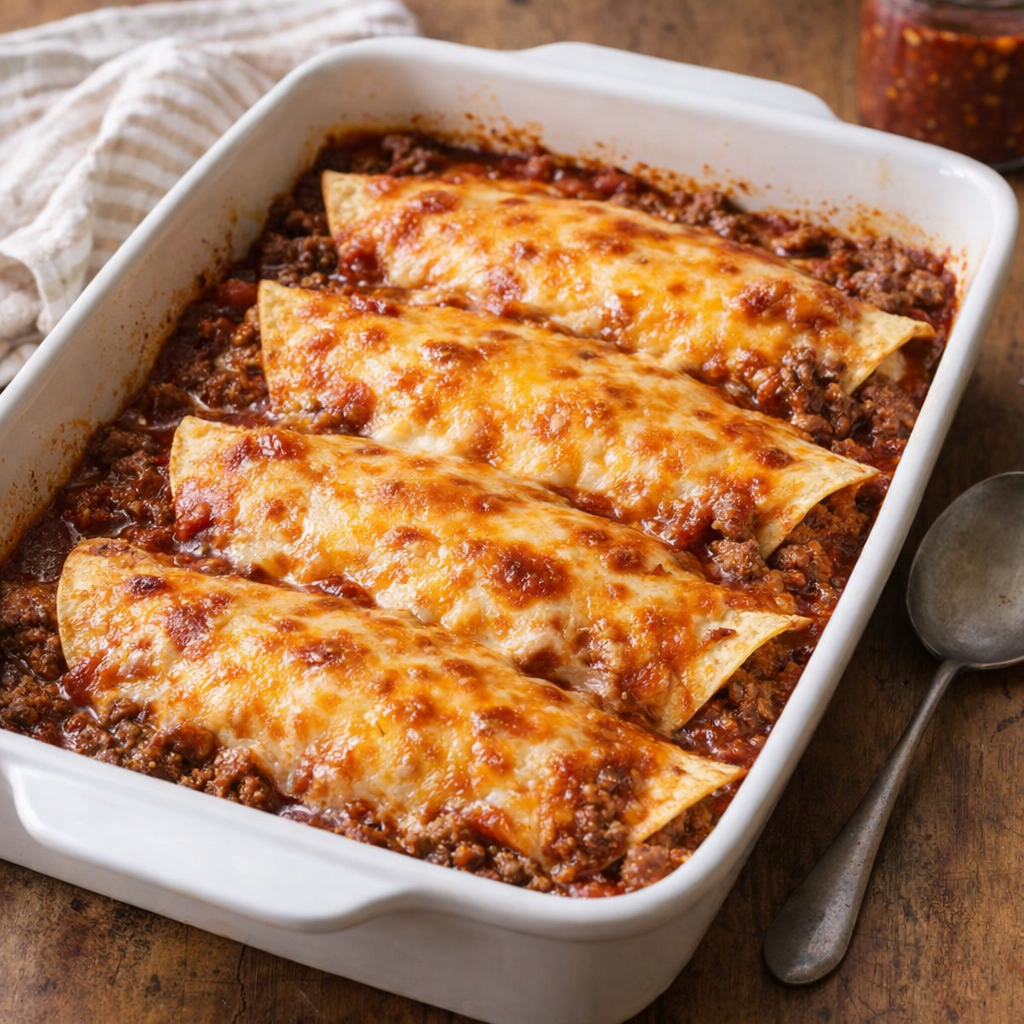 Homestyle beef enchilada casserole cooling on a country kitchen counter