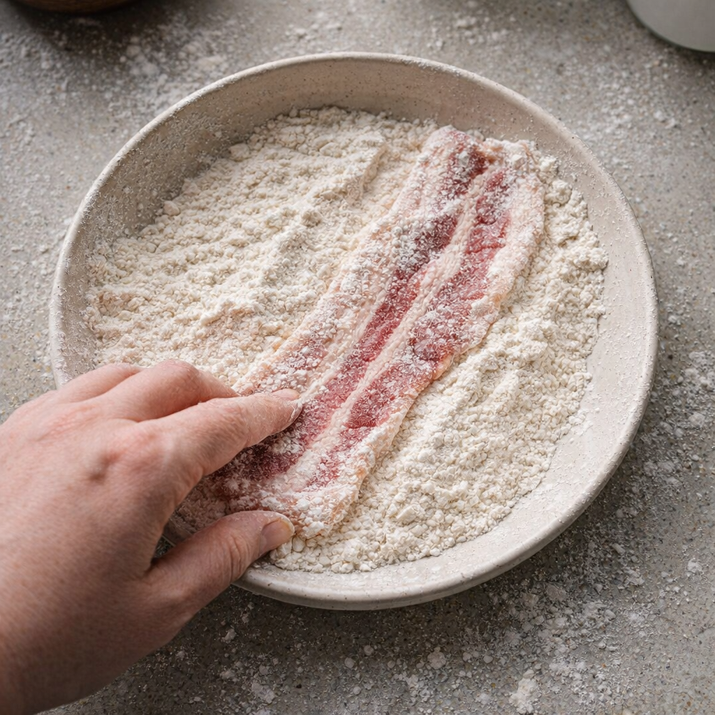 Hand dredging bacon in flour before frying