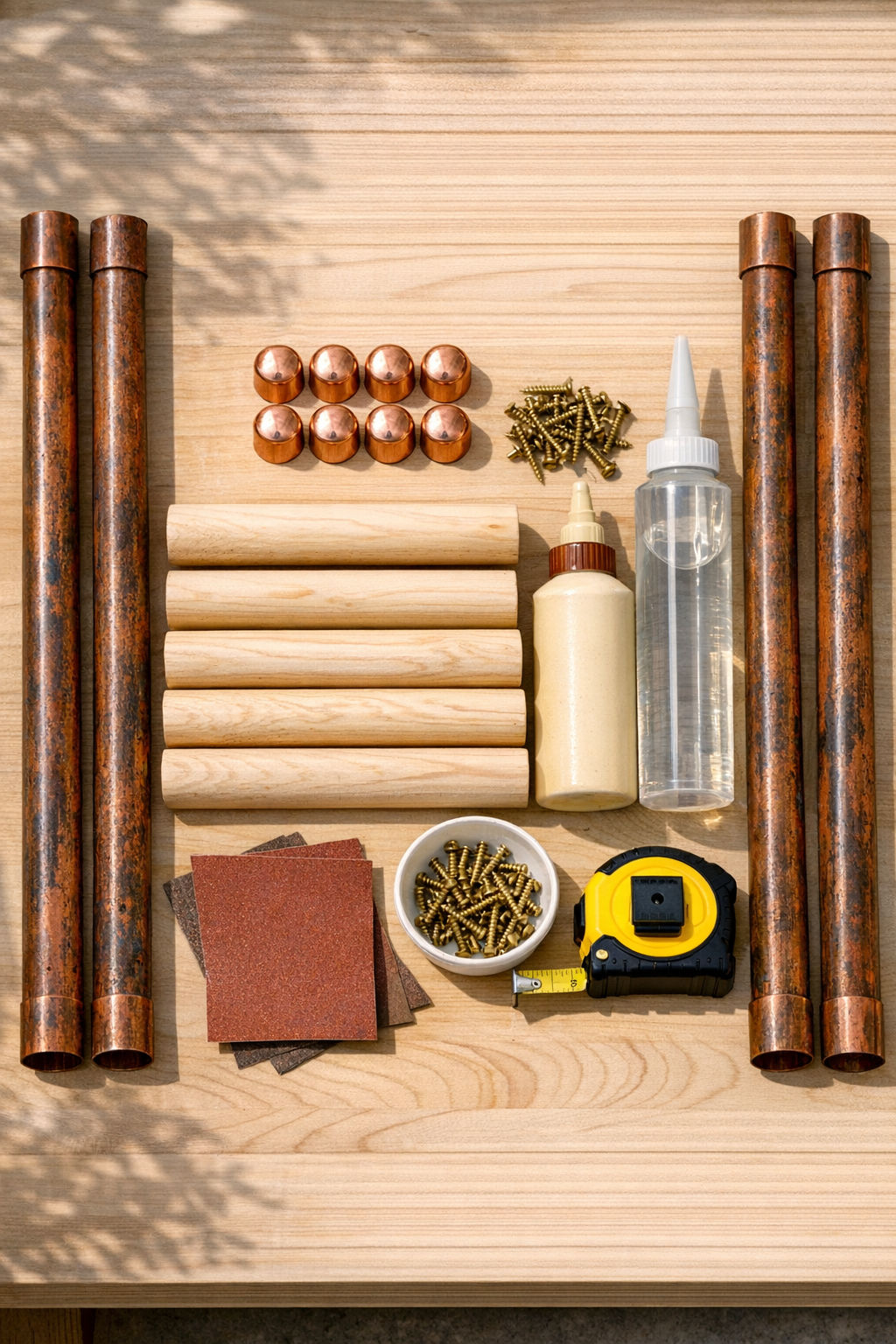 Copper pipes, birch dowels, fittings, and hardware laid out for the blanket ladder project
