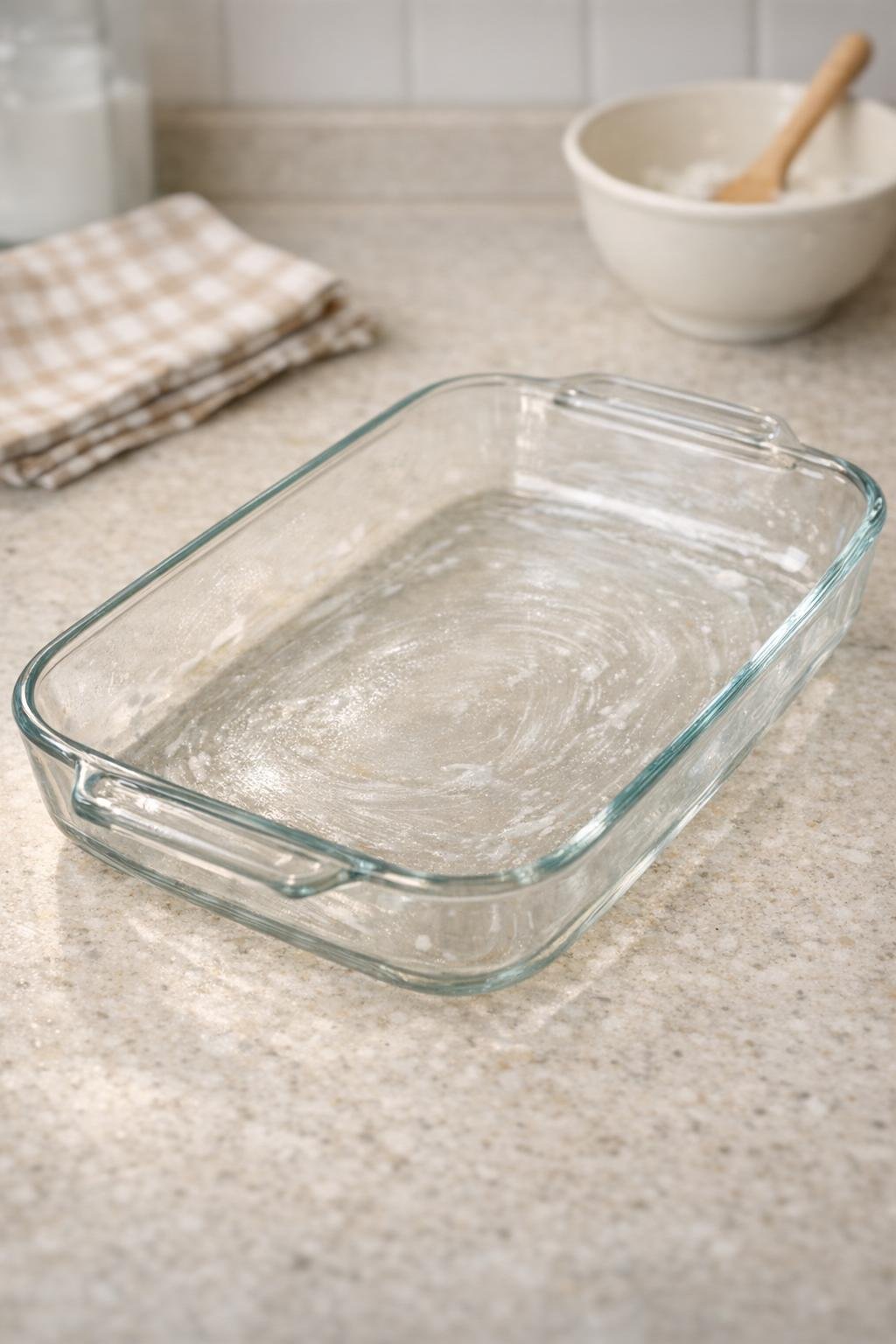 Greased glass casserole dish ready for baking