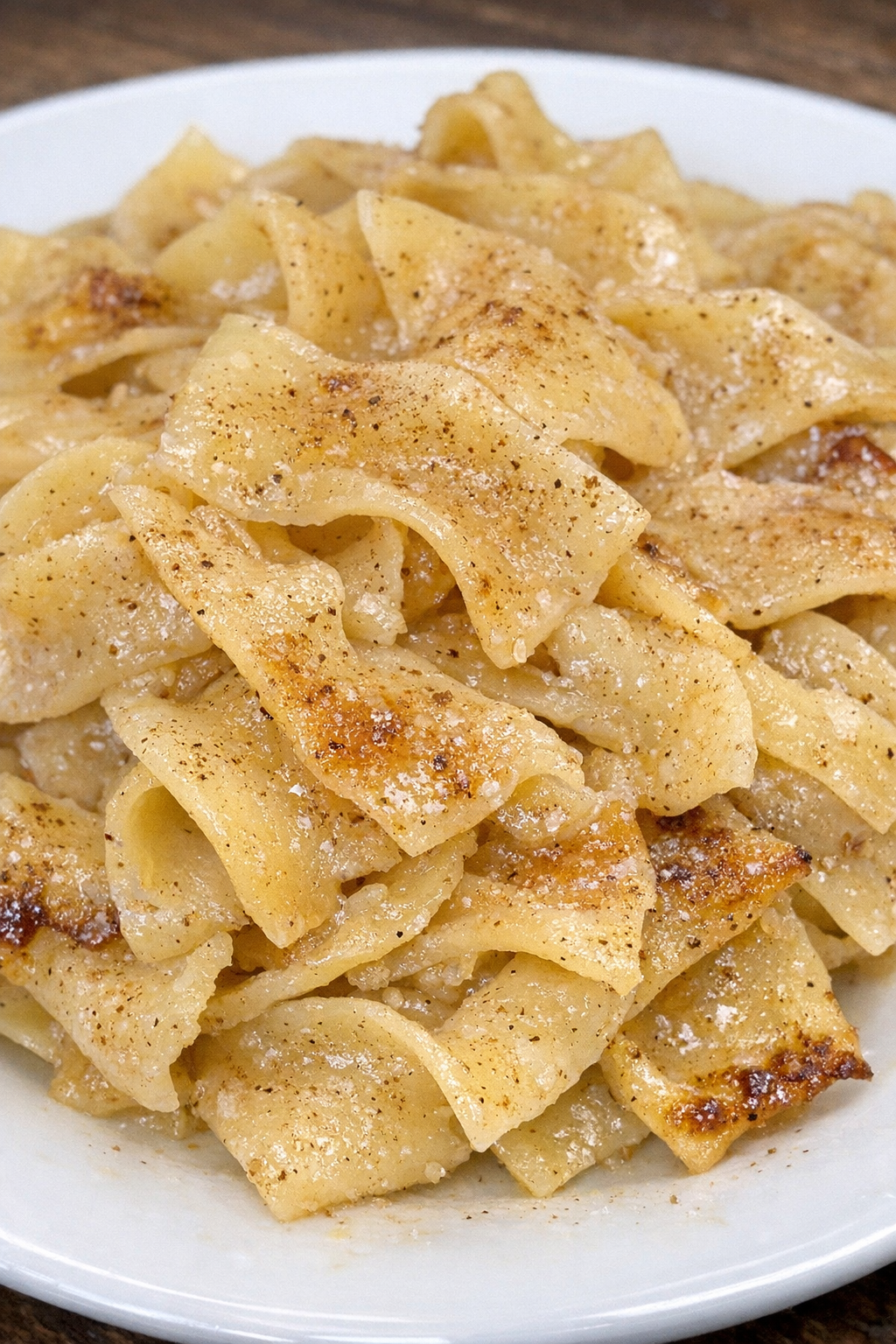 Slow cooker Amish cinnamon butter noodles on a white plate