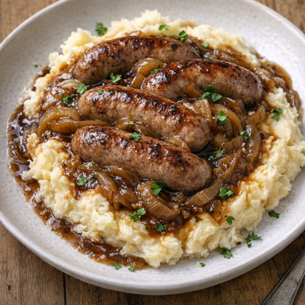 Slow cooker bangers and onions served over mashed potatoes