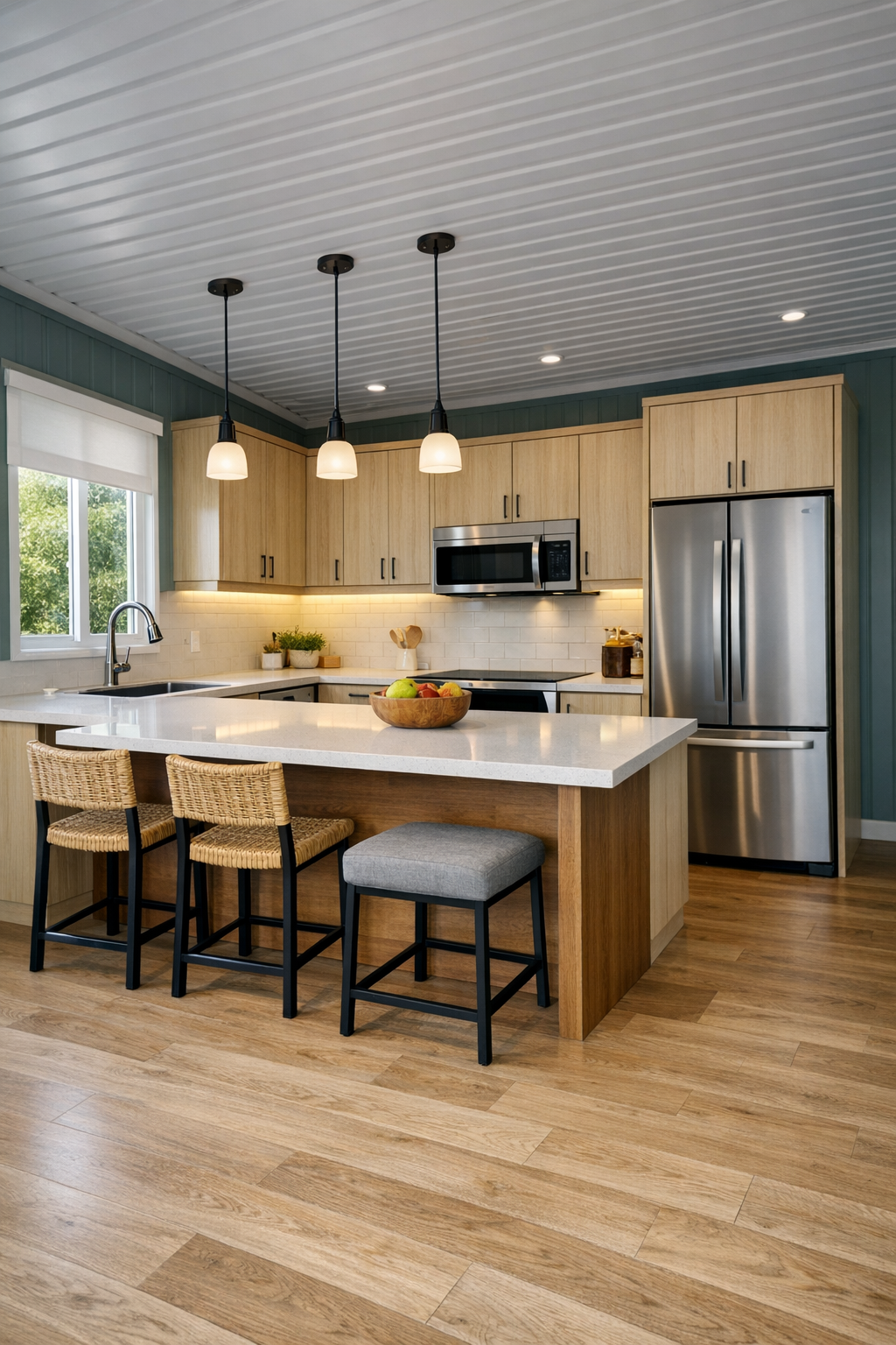 Bright accessible kitchen with warm wood accents, light cabinetry, and a spacious island
