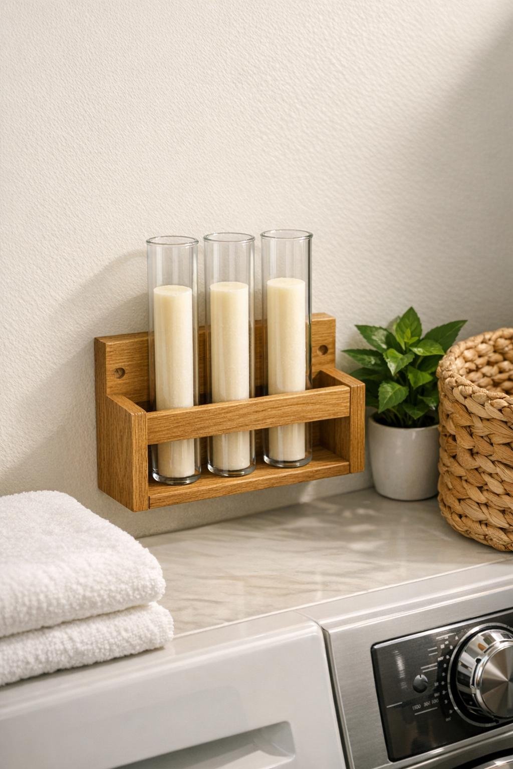 Completed wall-mounted laundry room stain stick holder made from glass test tubes in an oak spice rack