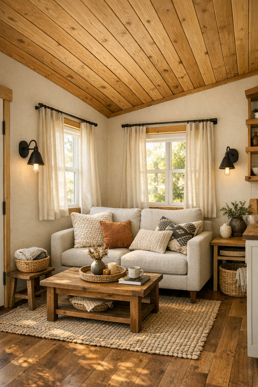 Cozy tiny home living room with oatmeal cream walls, wood ceiling, and handcrafted furnishings