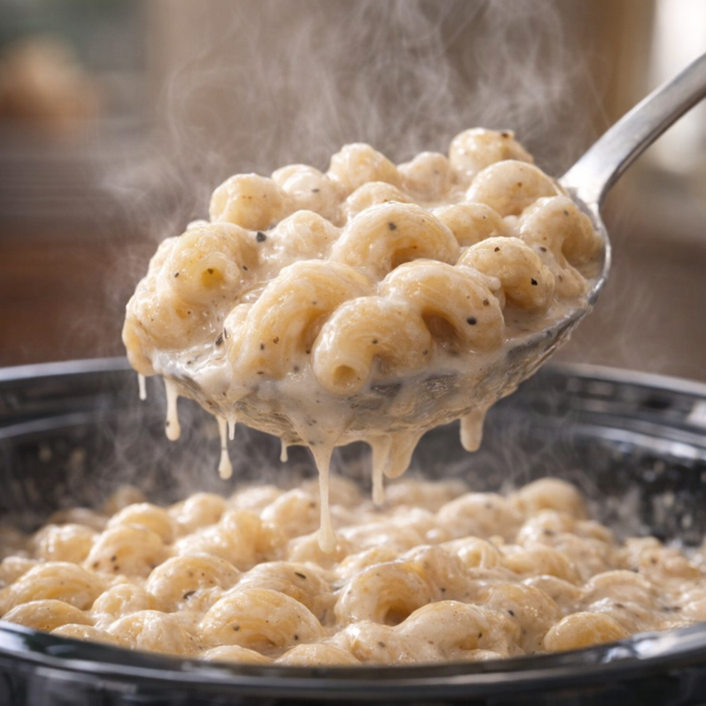 Finished creamy ranch cavatappi being spooned from the slow cooker