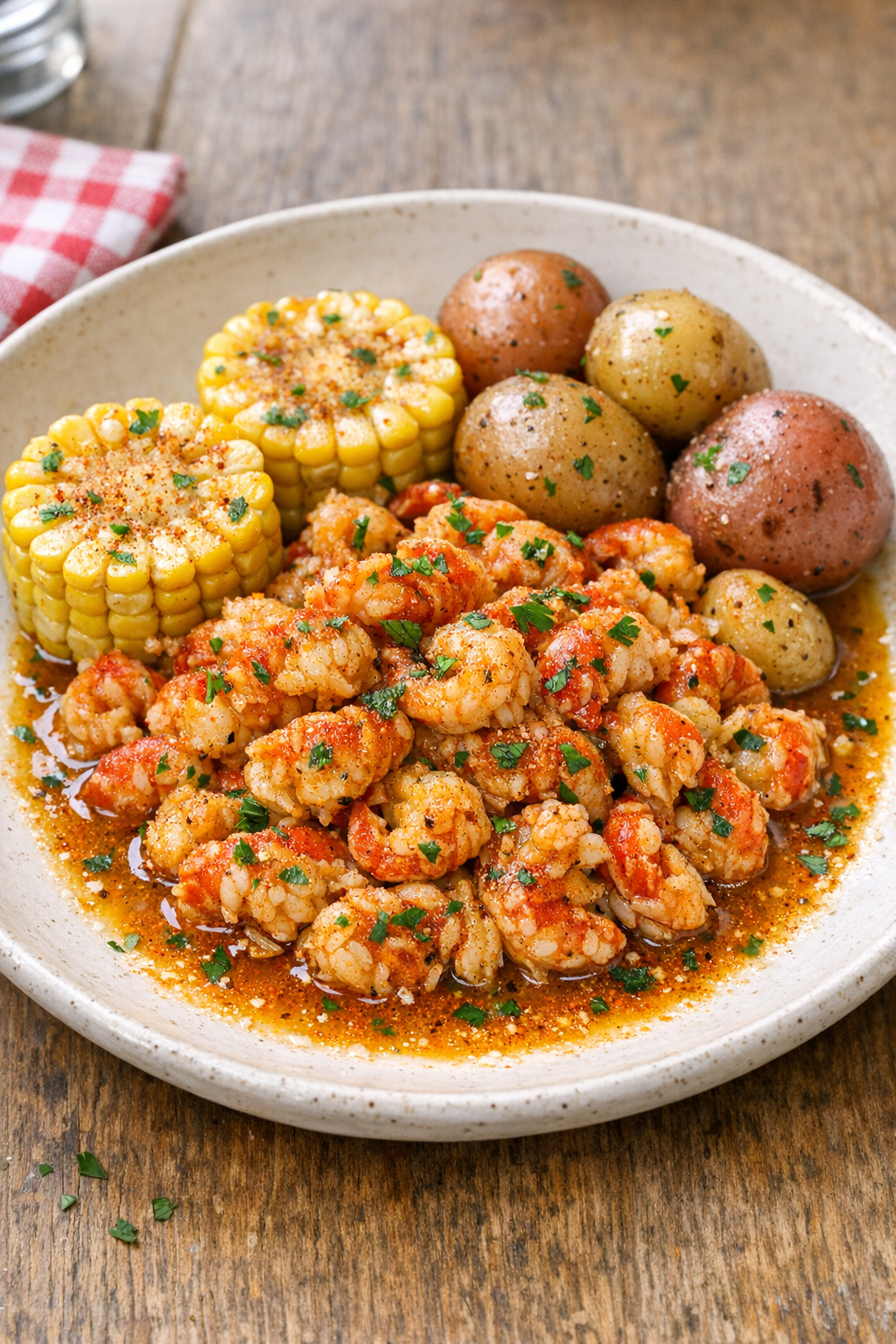 Finished slow cooker crawfish served family-style