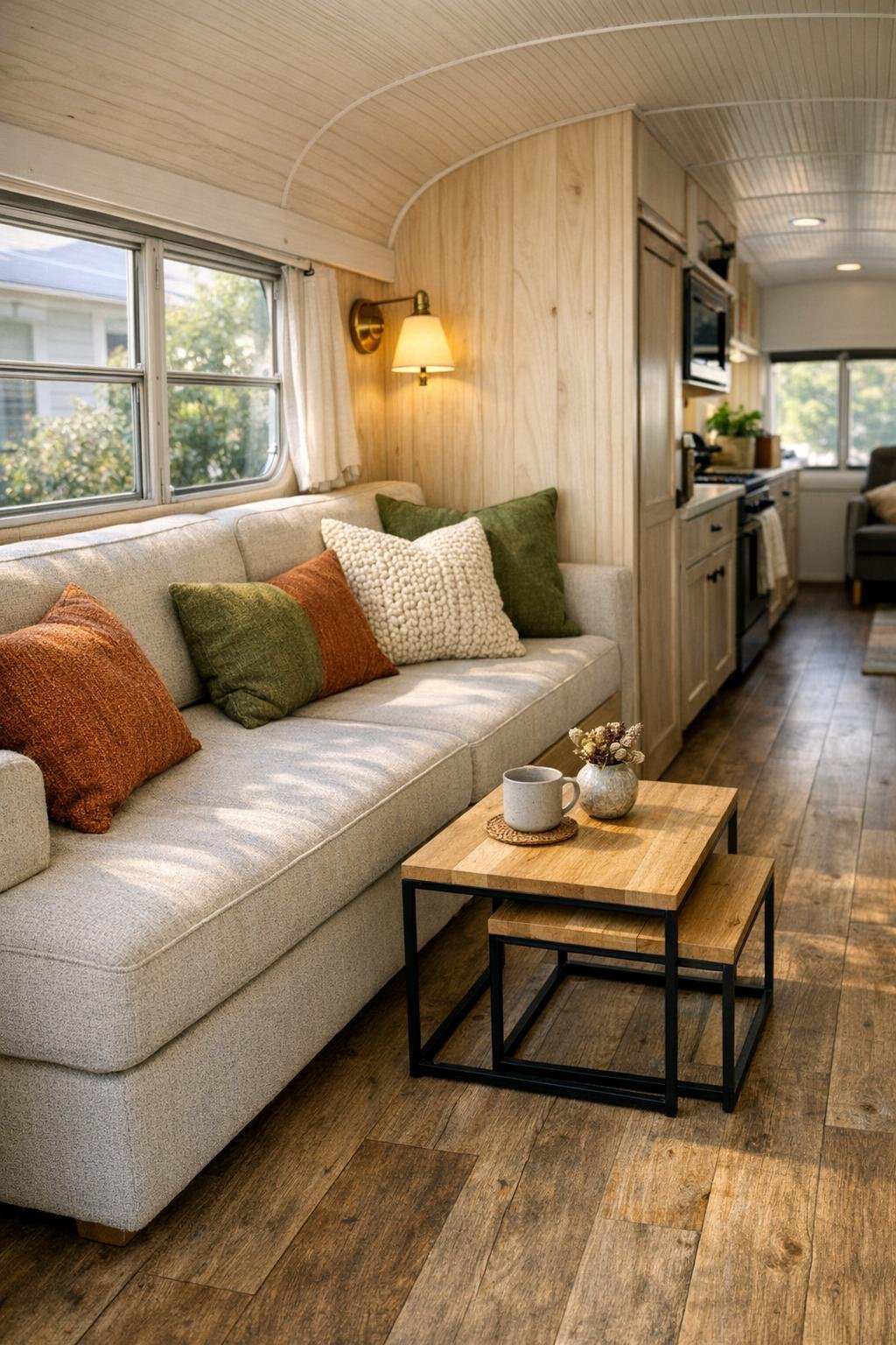 Warm bus living room with built-in bench seating and pale wood walls