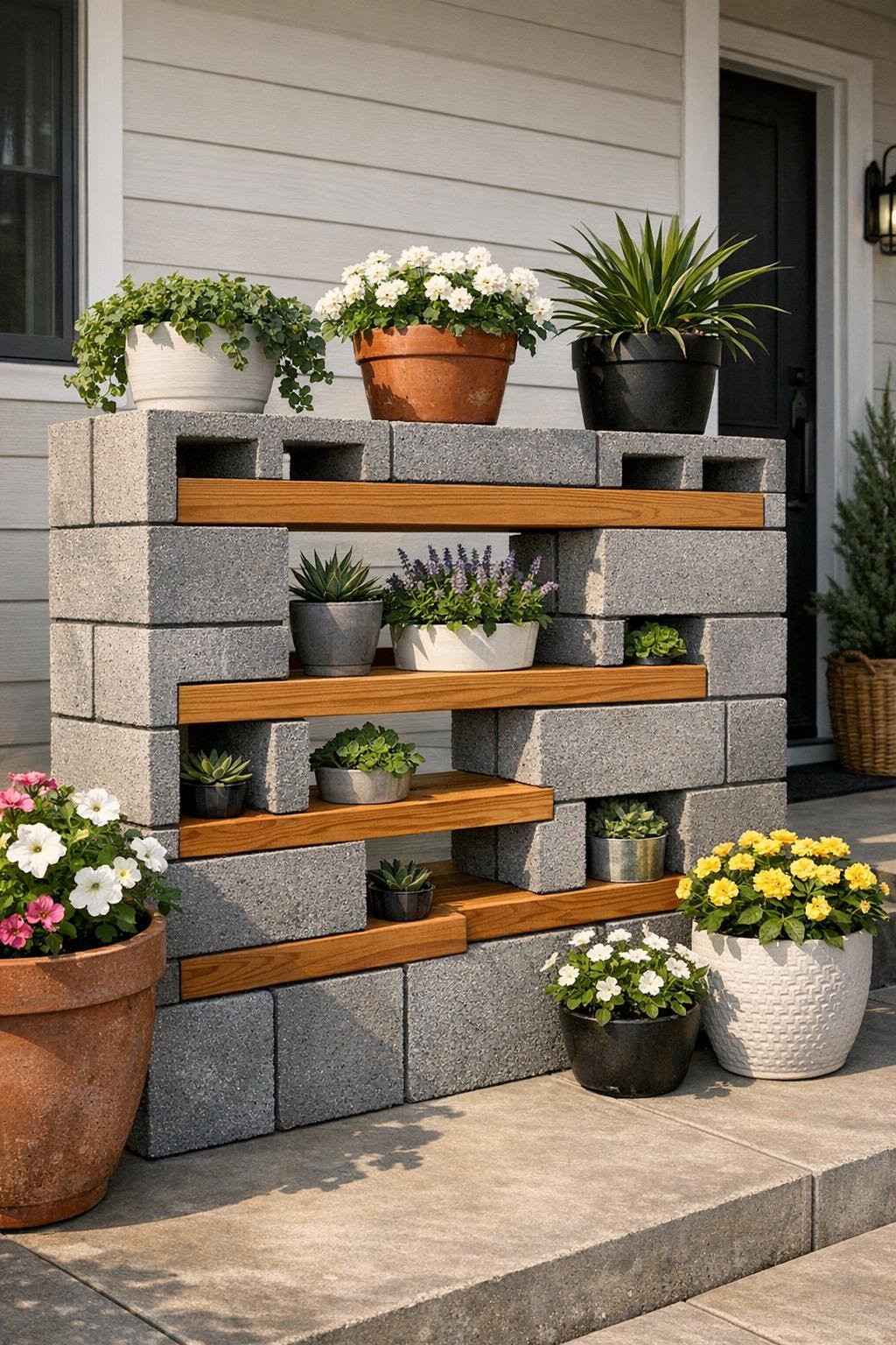 Finished outdoor planter wall made from grey cinder blocks and cedar slats on a front porch