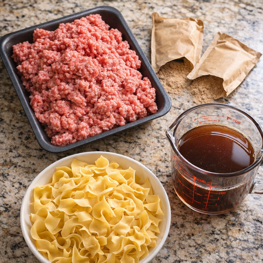 Measured ingredients for beef gravy noodles arranged on a counter