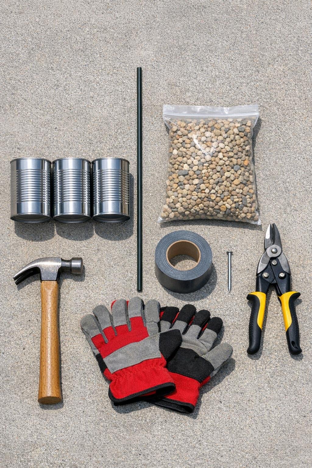 Materials for a DIY garlic bed watering spike laid out together