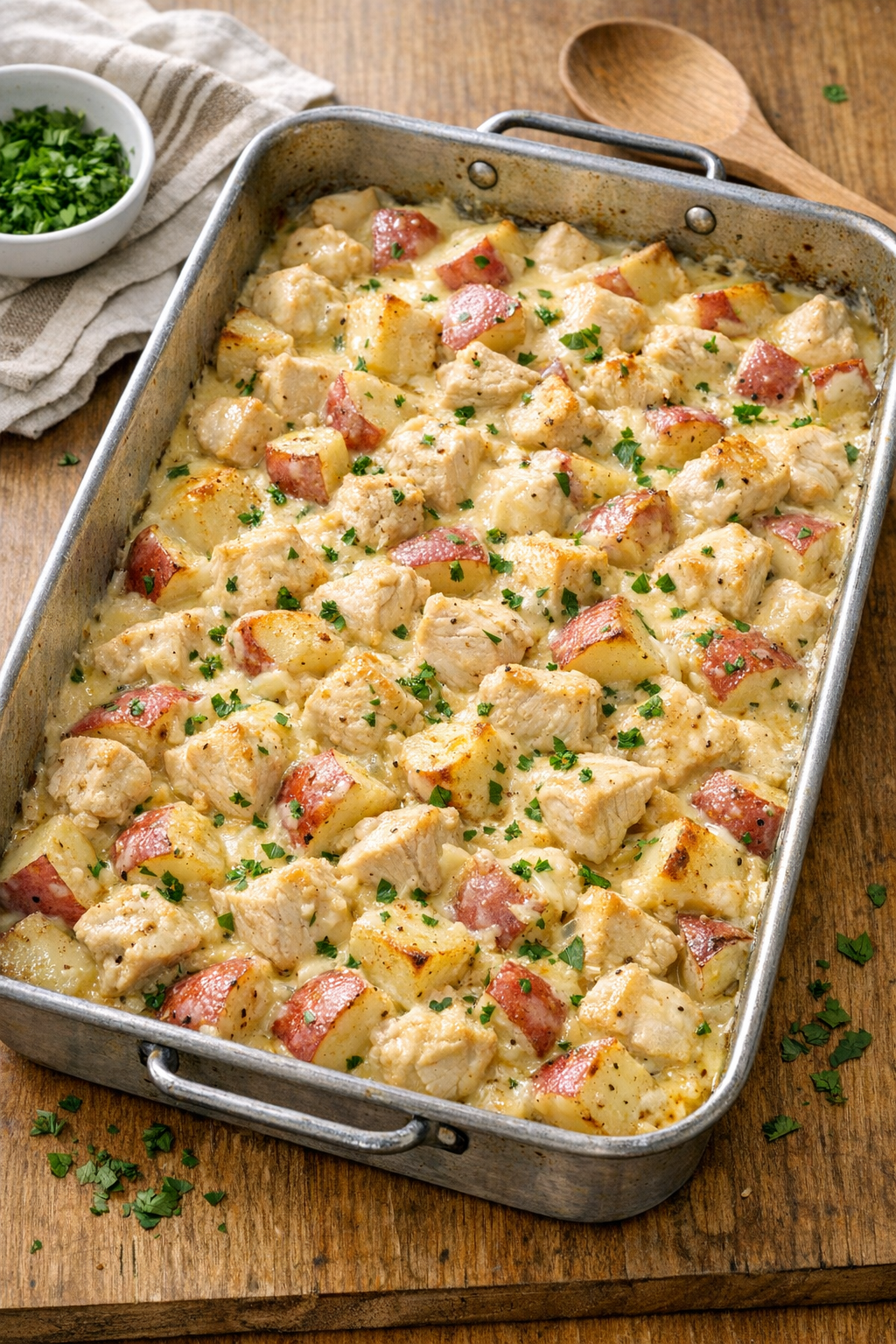 Finished creamy chicken potato bake in a roasting pan