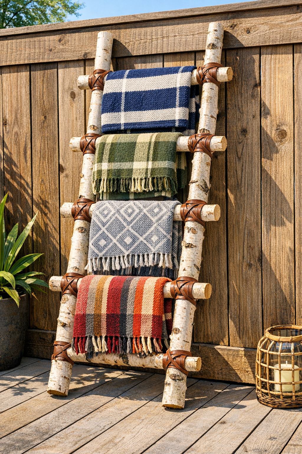 Finished birch branch outdoor blanket ladder leaning against a fence with neatly draped blankets