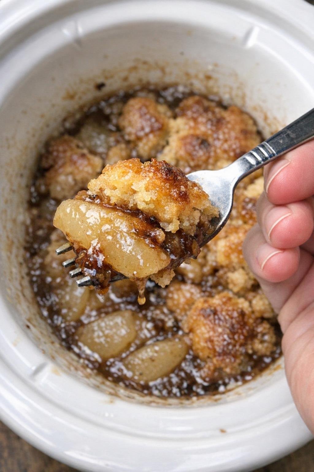 Slow cooker spiced pear cobbler in a white slow cooker