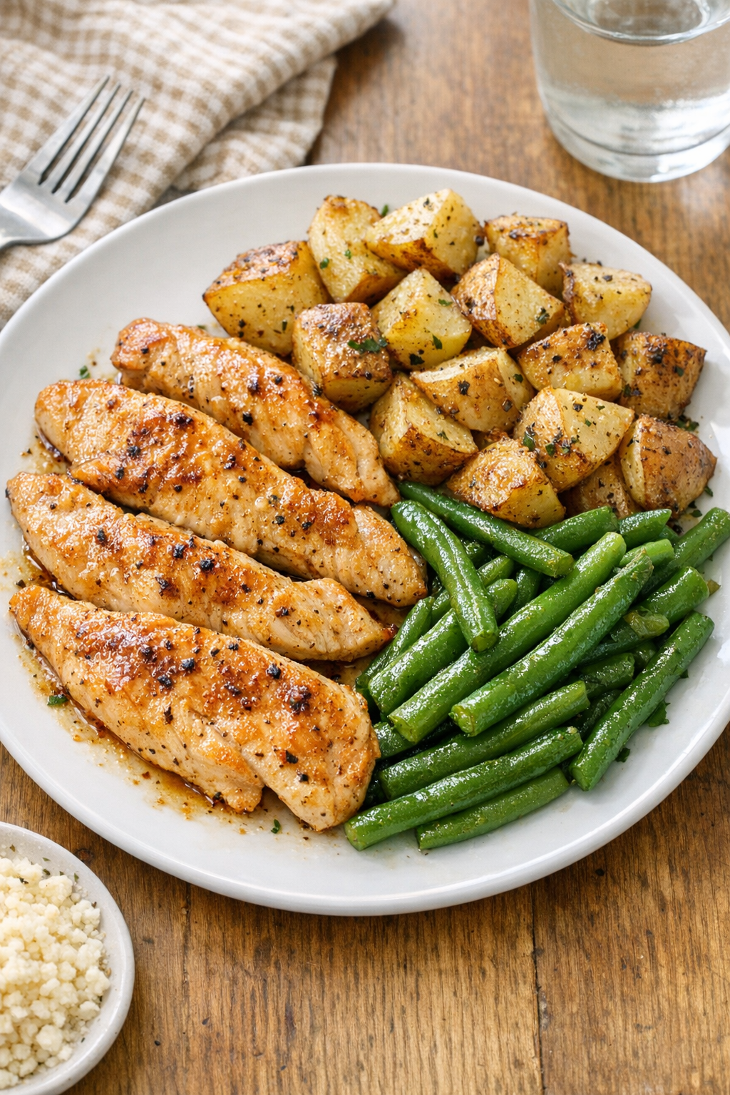 Finished baked chicken breast strips on a plate