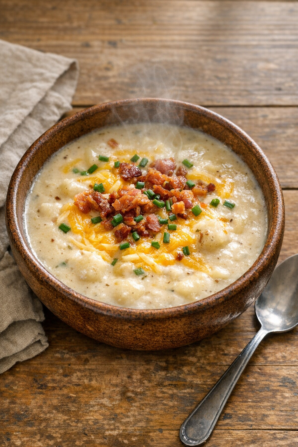 Finished creamy loaded potato soup served in a rustic brown bowl