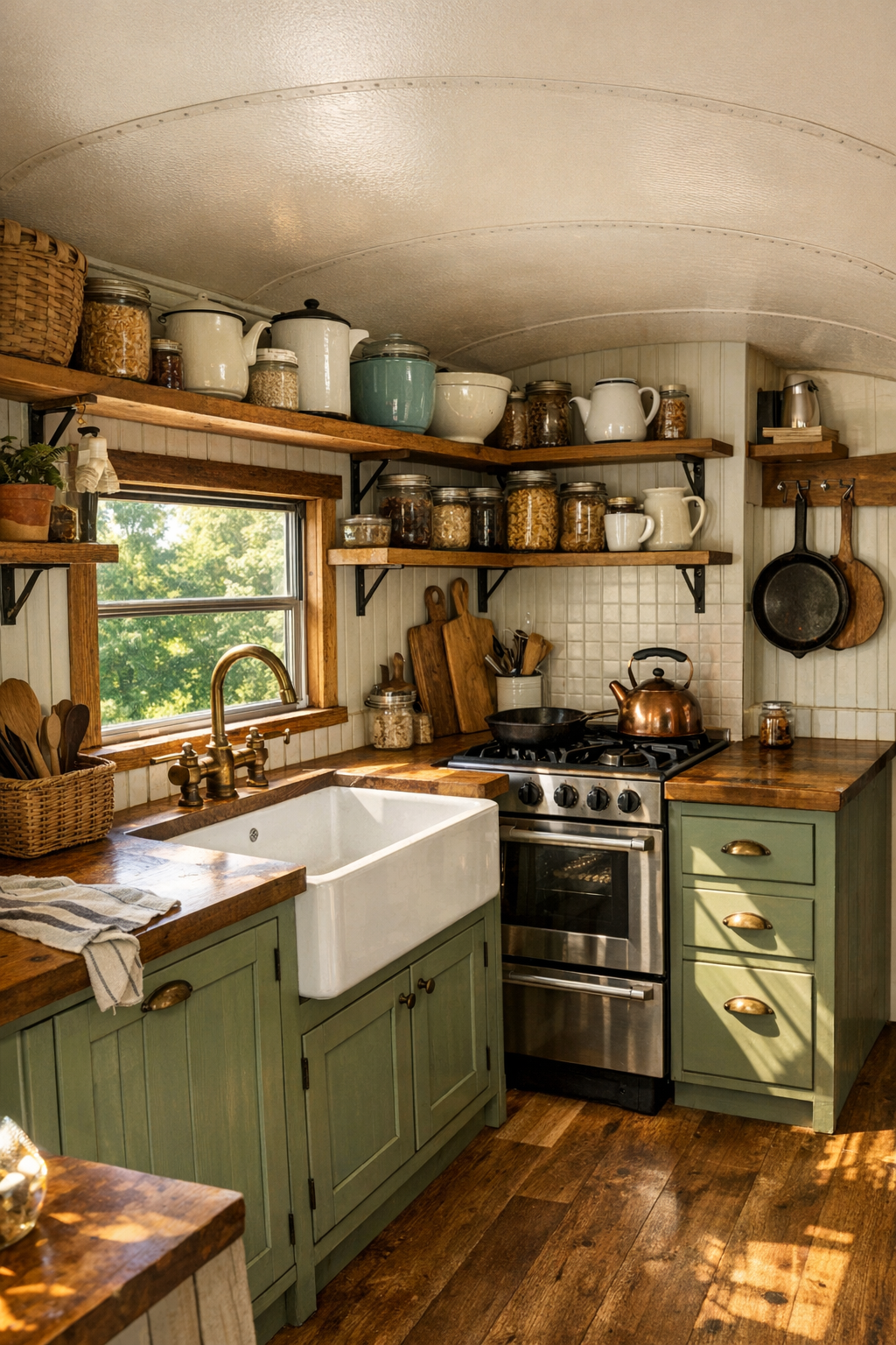Galley kitchen with sage cabinetry, butcher-block counters, and farmhouse sink