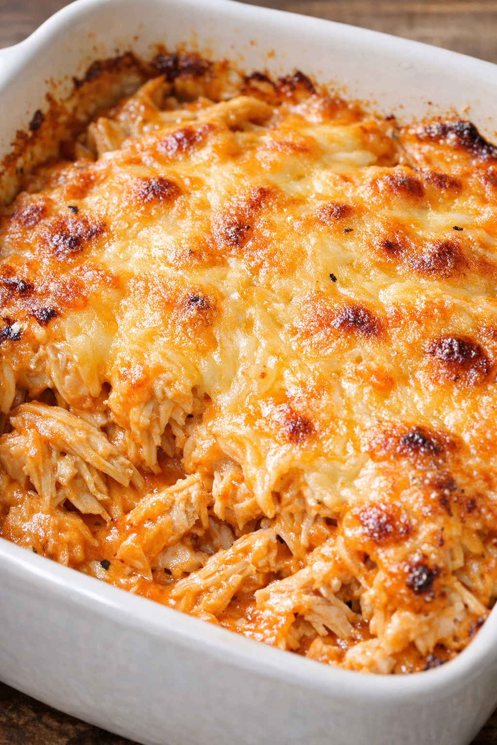 Low carb buffalo chicken skillet in a ceramic casserole dish