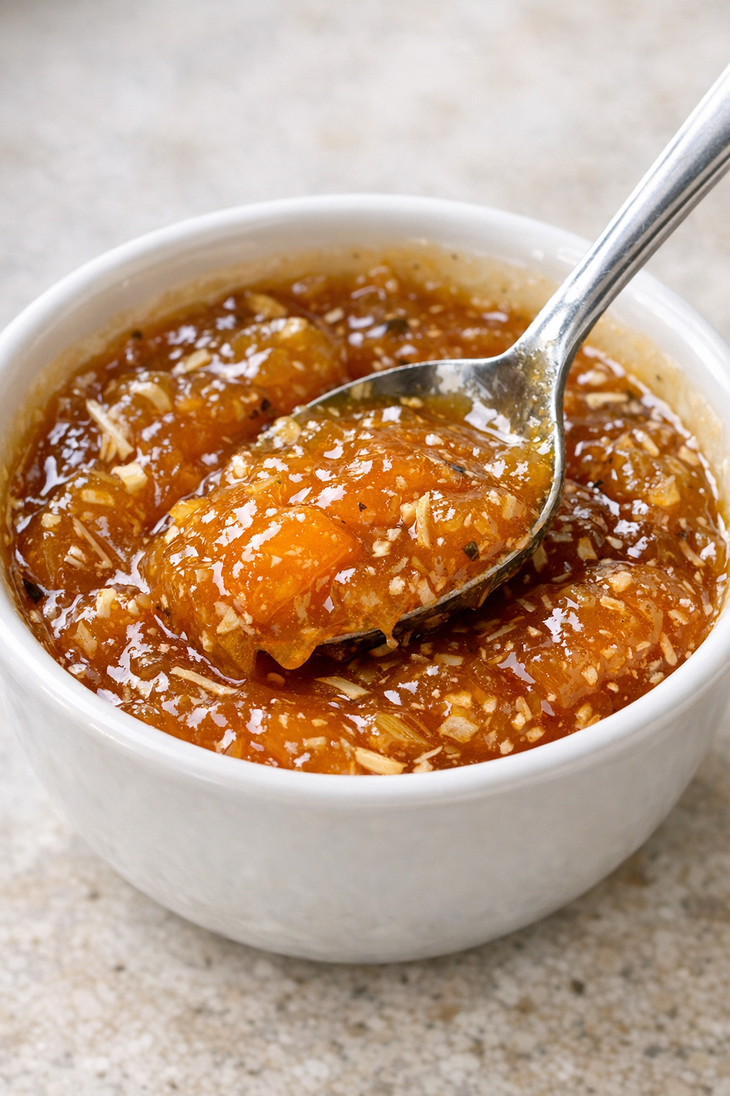 Apricot preserves and onion soup mix stirred together in a bowl