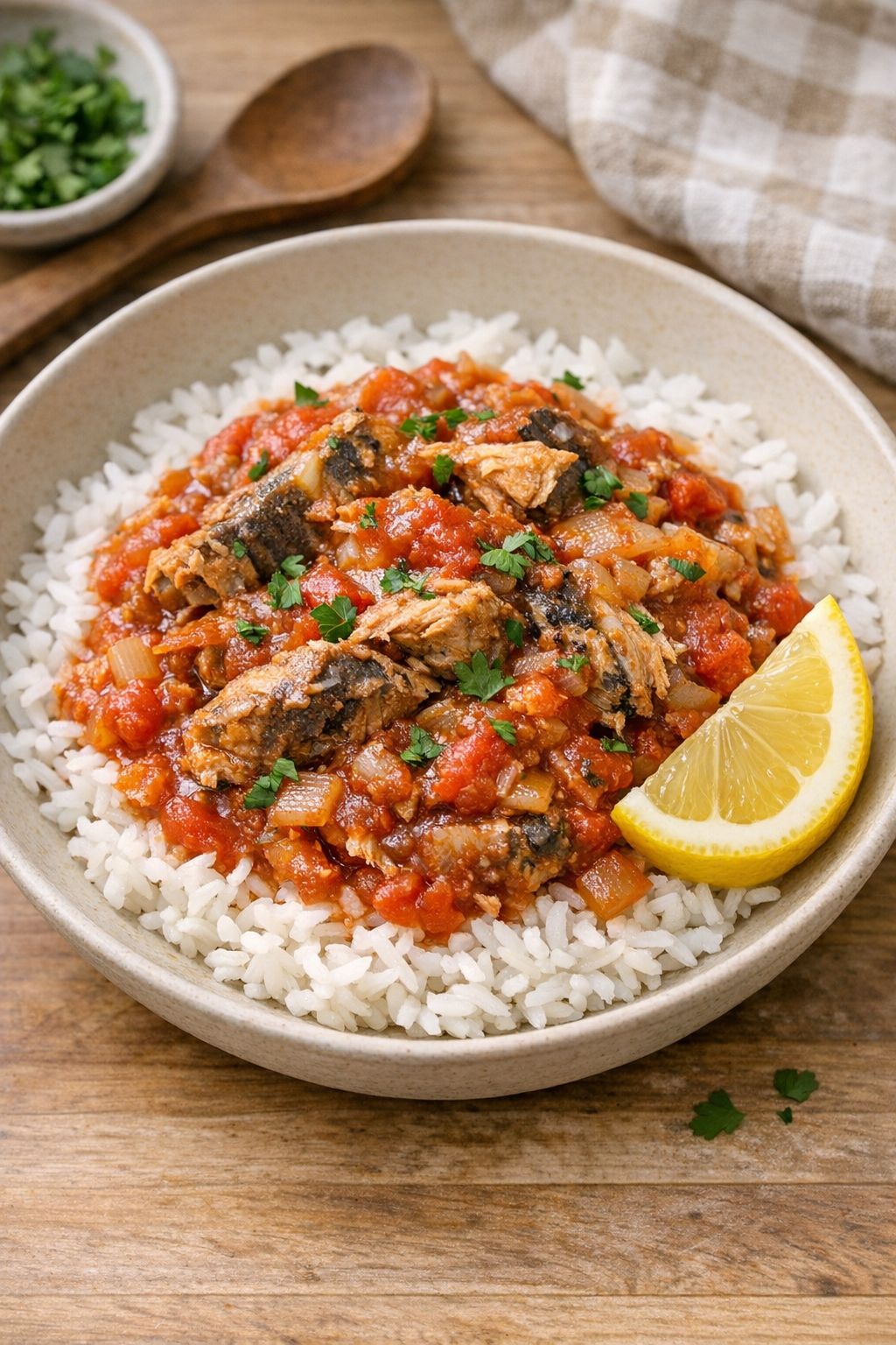 Finished slow cooker jack mackerel served over rice