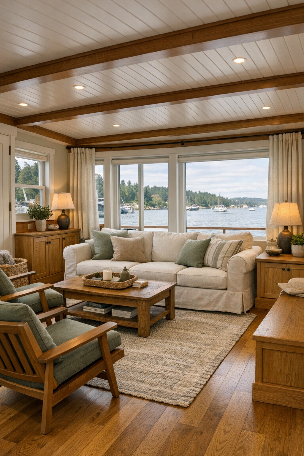 Accessible craftsman houseboat living room with built-ins and water views