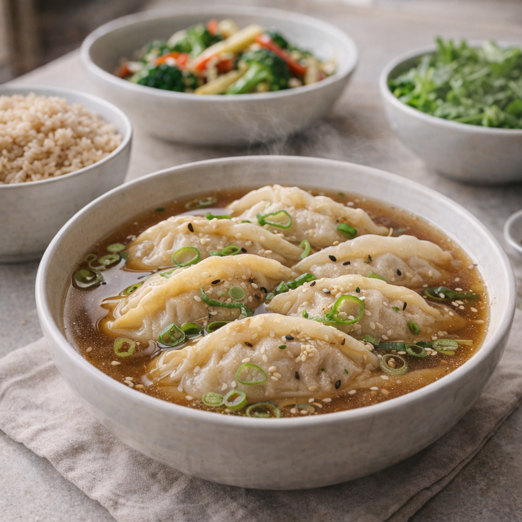 Styled serving suggestion with potstickers and sides