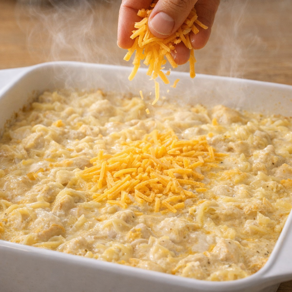 Cheese being sprinkled over hot casserole before final bake
