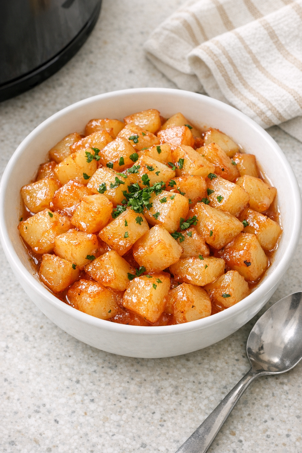 Finished slow cooker watermelon-glazed potatoes in a serving bowl