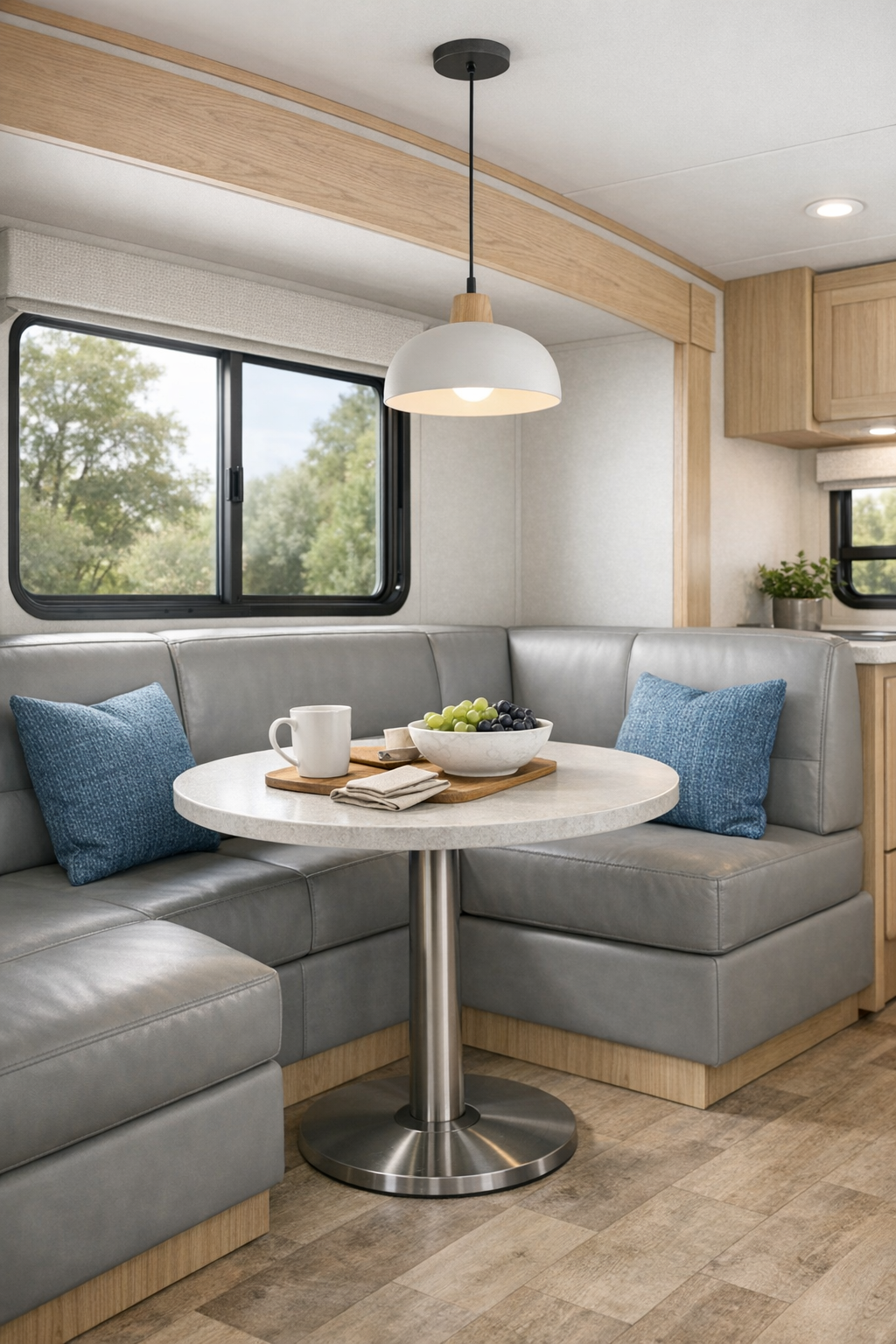 Compact RV dining nook with built-in banquette, pedestal table, and soft blue accents