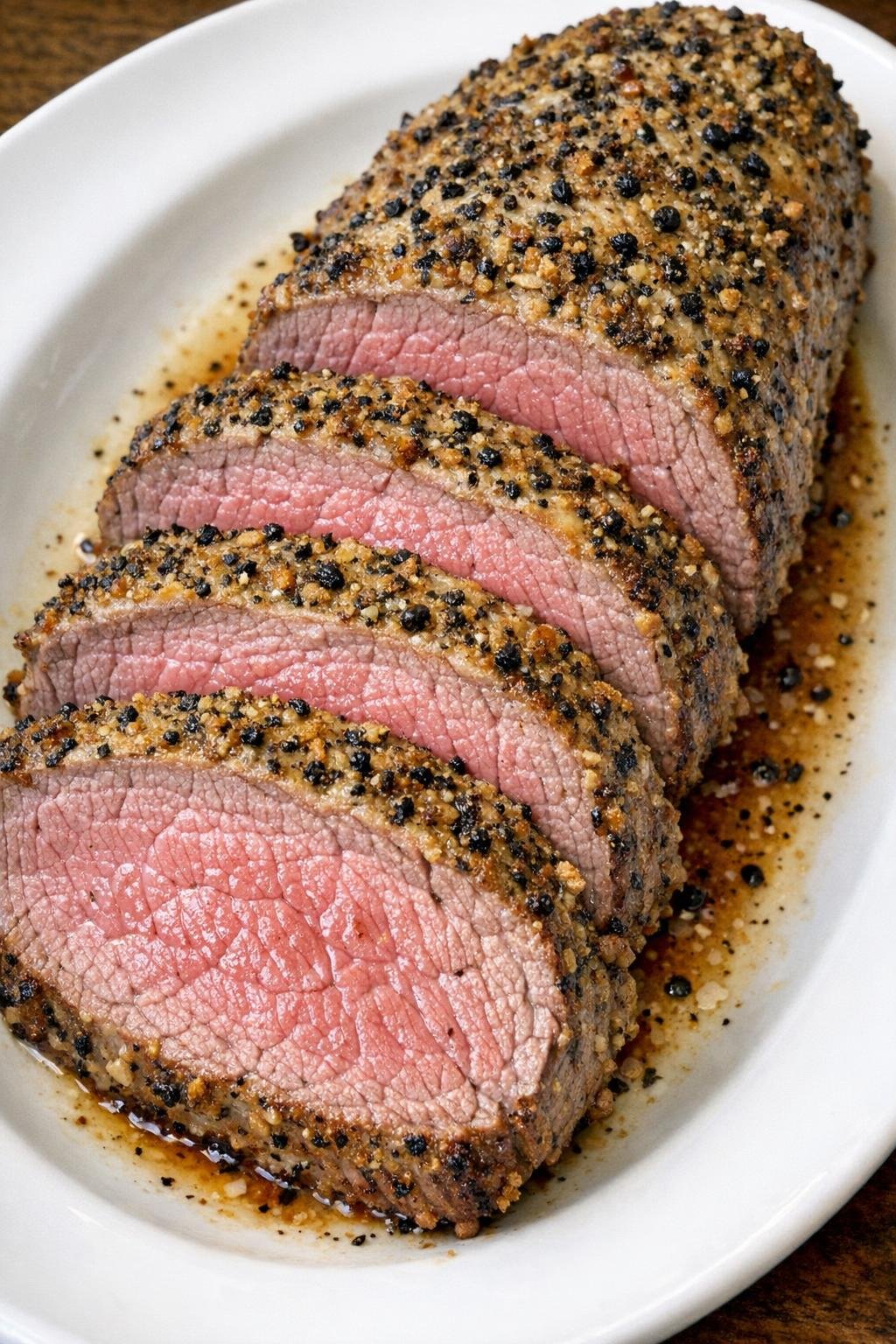 Golden crusted peppercorn ranch beef tenderloin sliced on a white oval platter