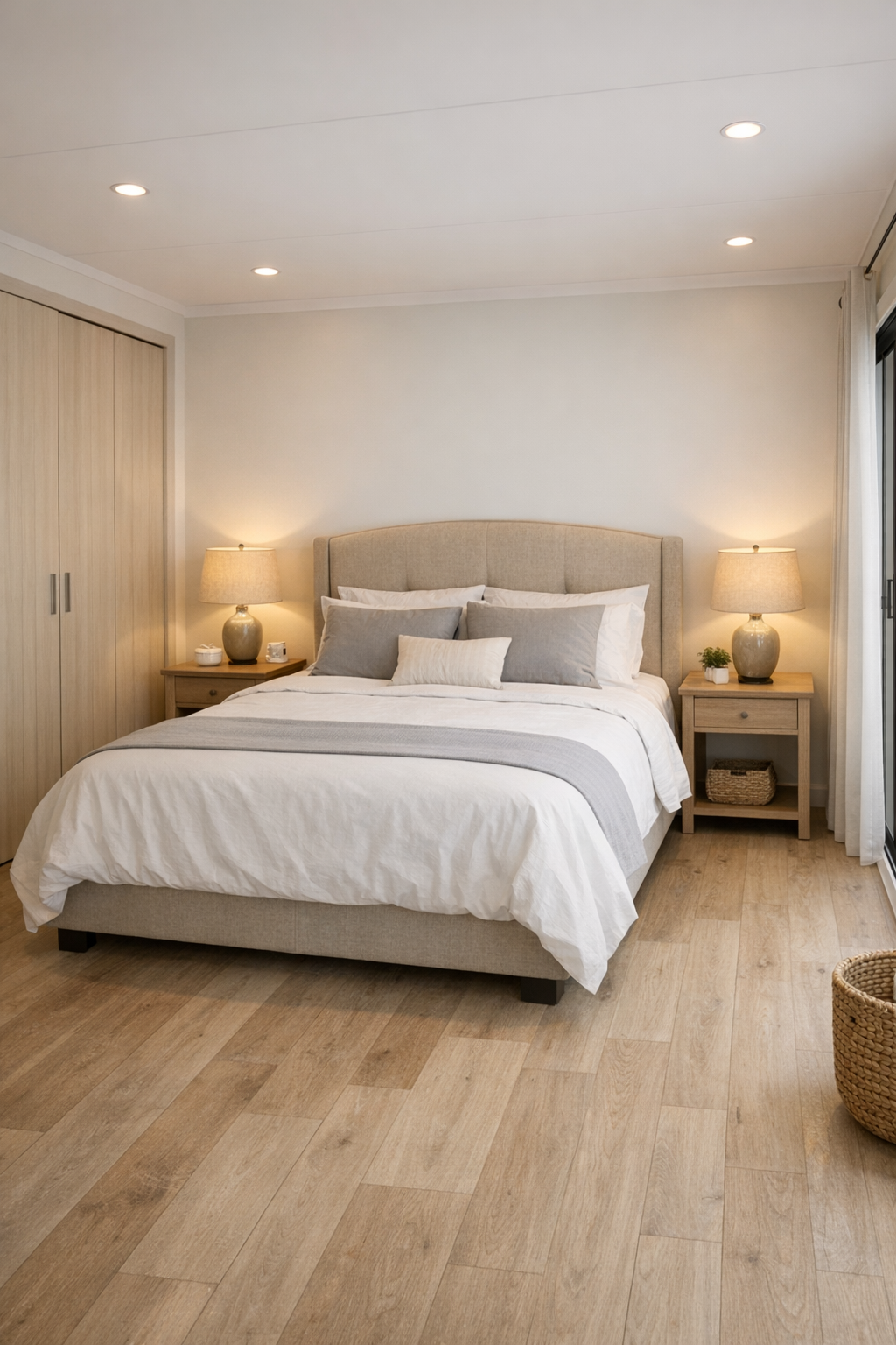Calm bedroom with a beige upholstered headboard, white bedding, soft gray accents, and built-in wardrobes