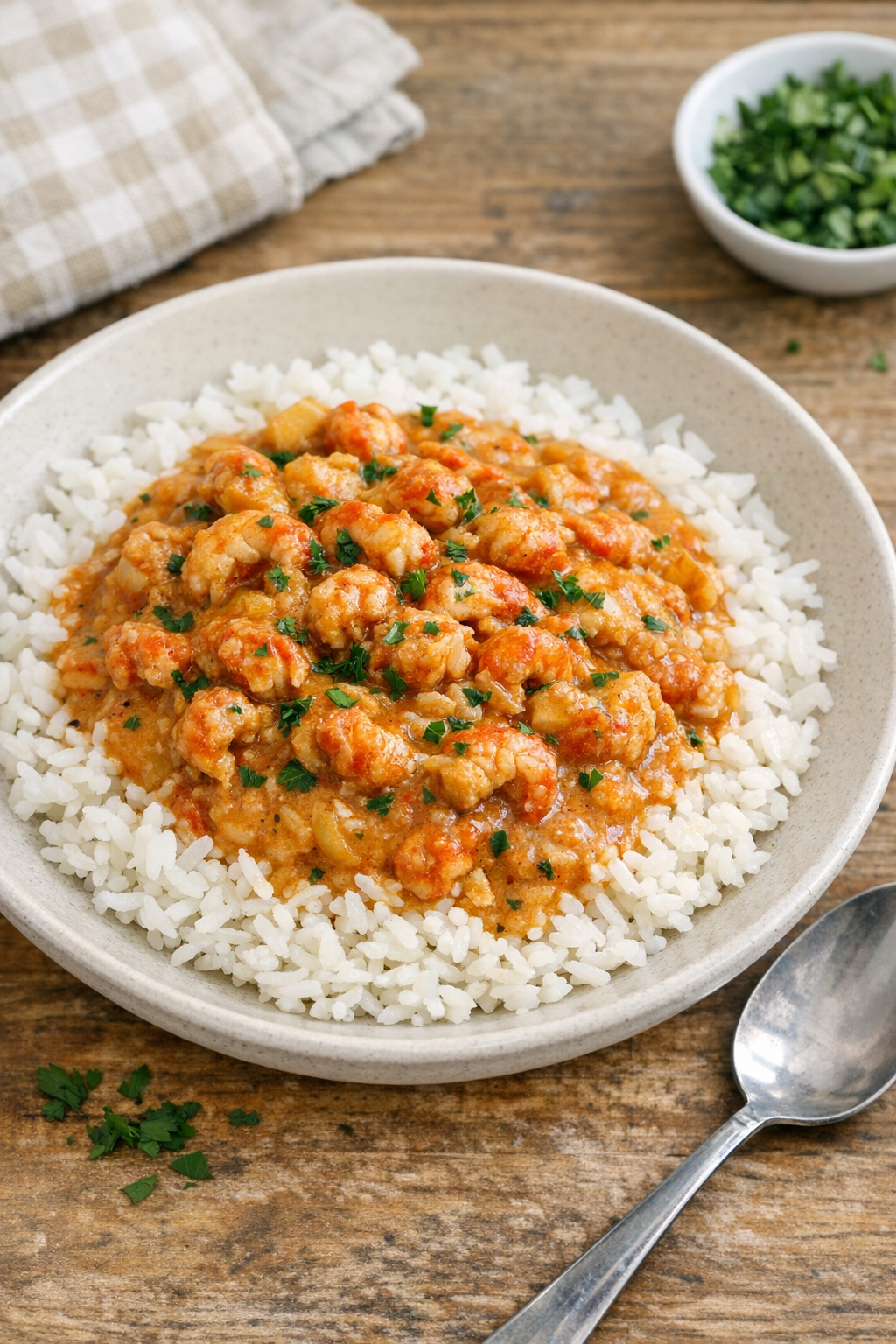 Finished slow cooker crawfish served over rice