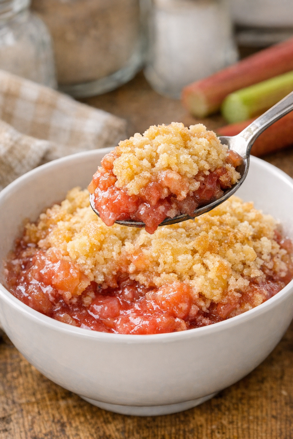Finished rhubarb slow cooker dessert in a serving bowl