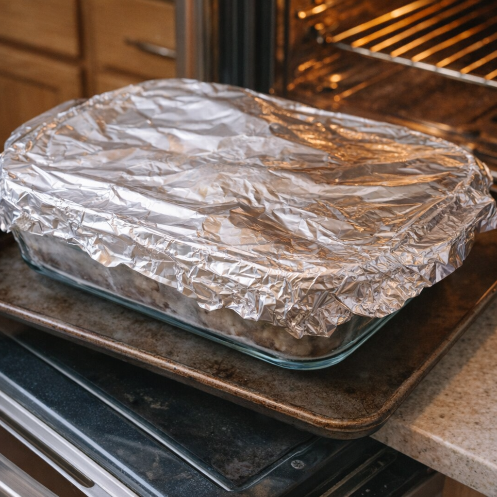 Foil-covered casserole dish ready to go into the oven