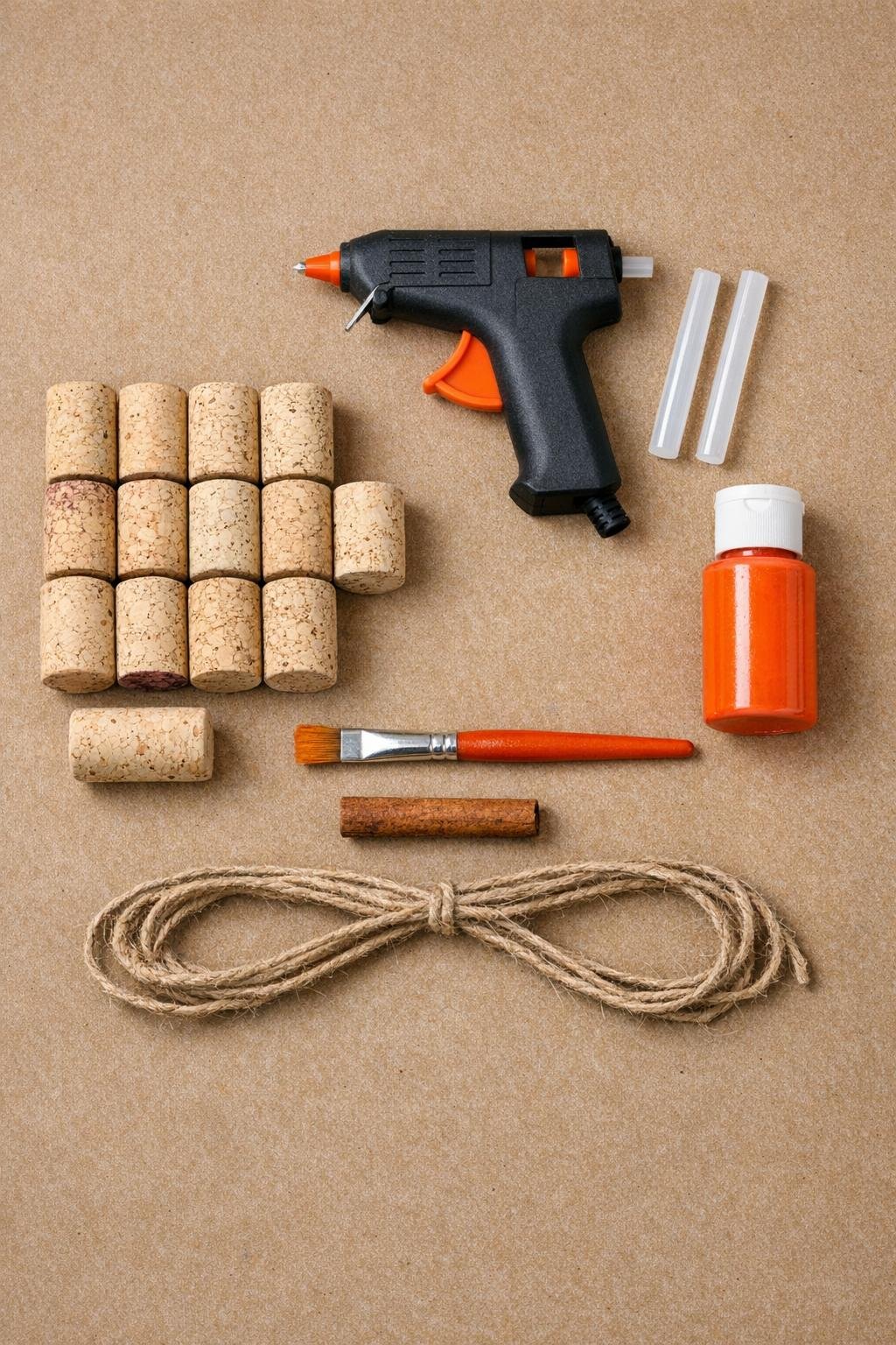 Materials for a wine cork pumpkin laid out on a craft table