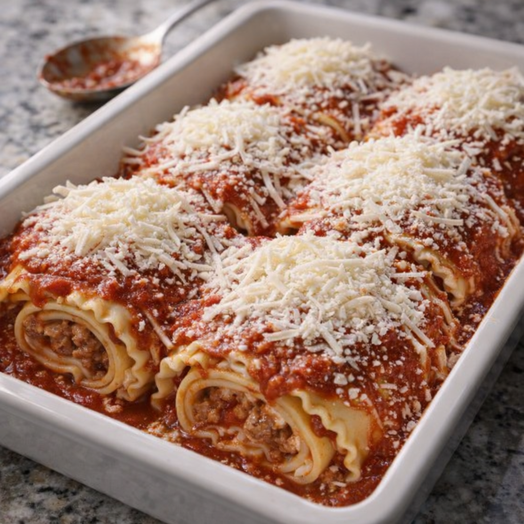 Unbaked lasagna roll-ups covered with sauce and shredded cheese