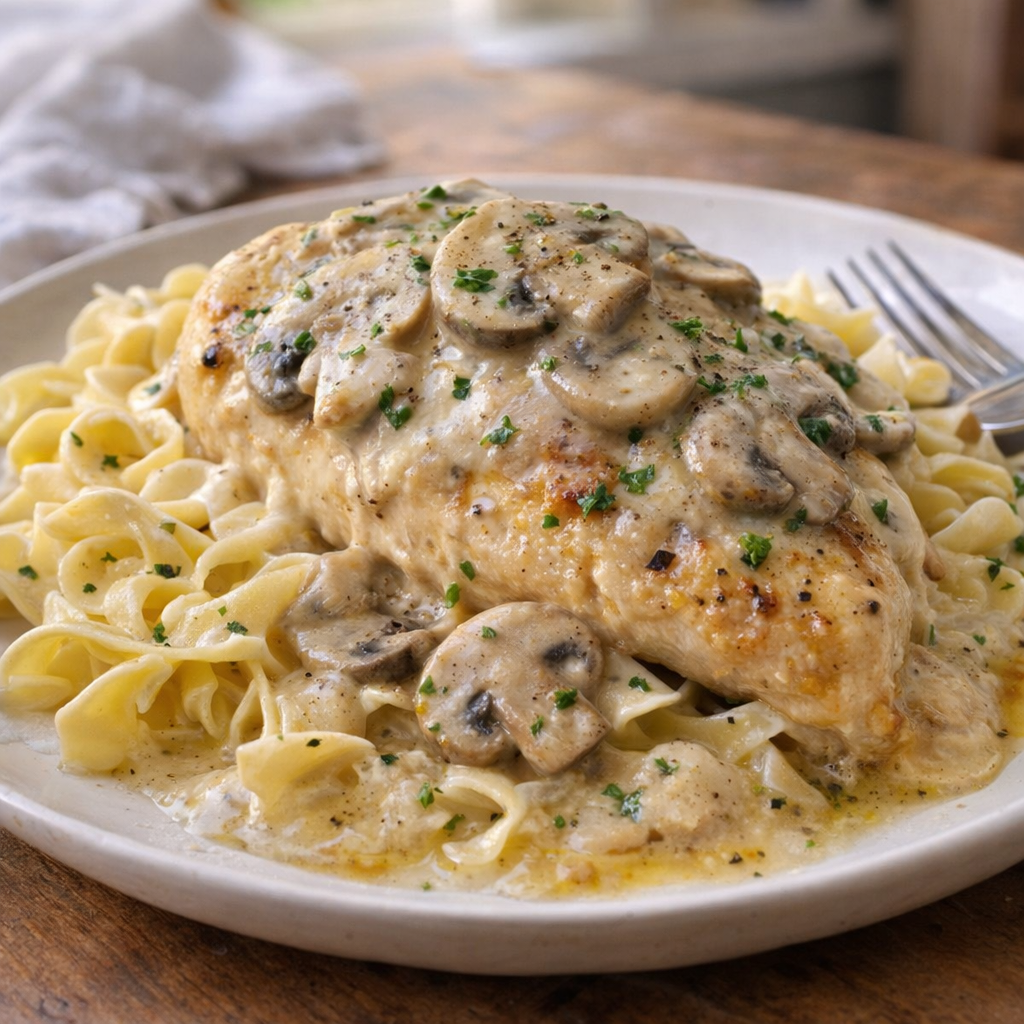 Finished serving of creamy chicken over buttered egg noodles