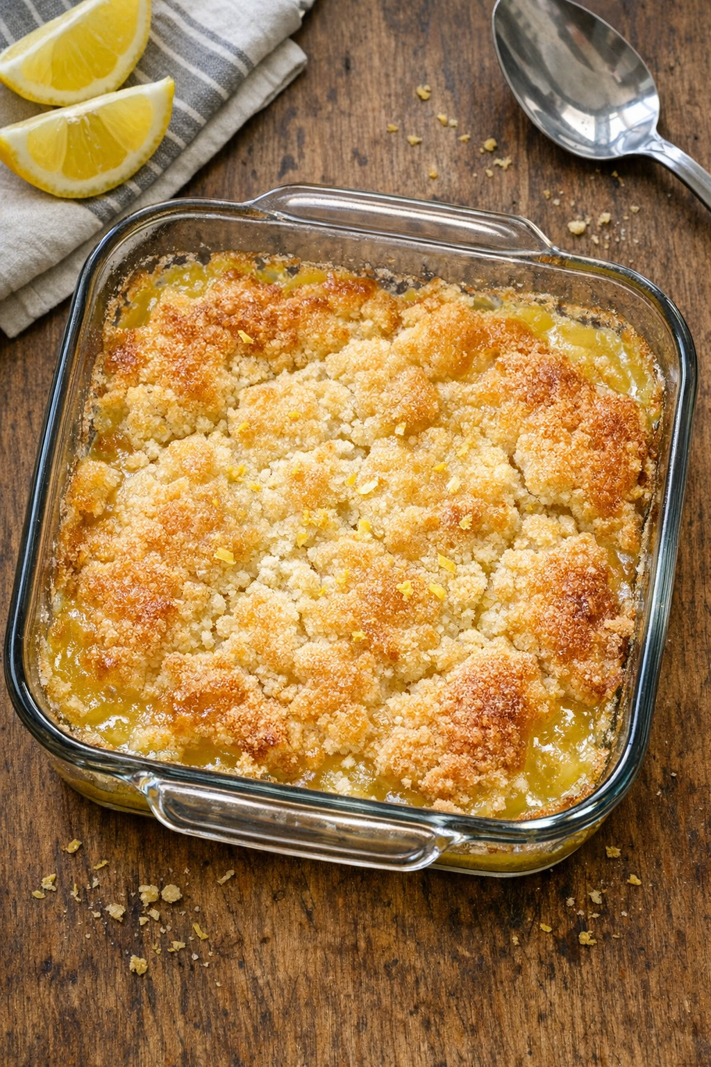 Finished baked lemonade dessert in glass baking dish